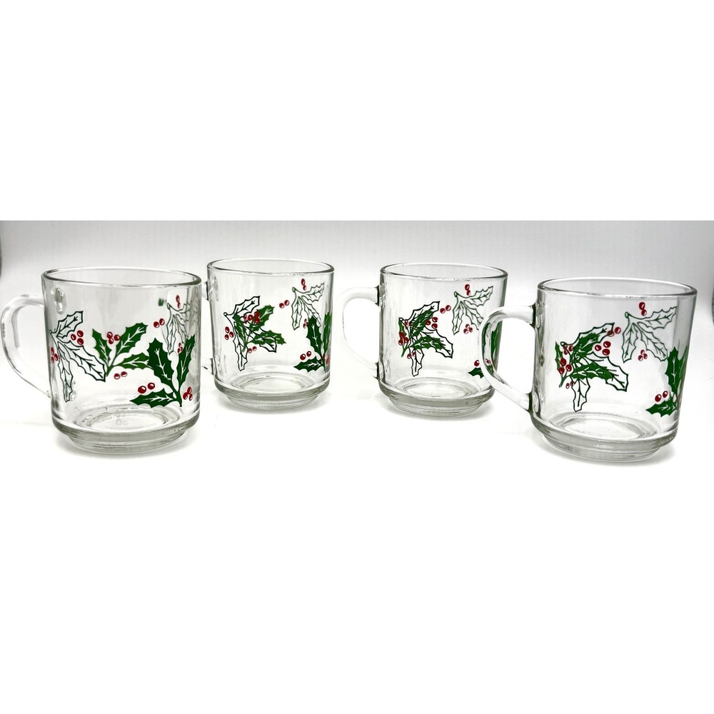 Vintage Christmas Holly Berry Clear Glass Mugs Set of 4 Holiday Coffee France